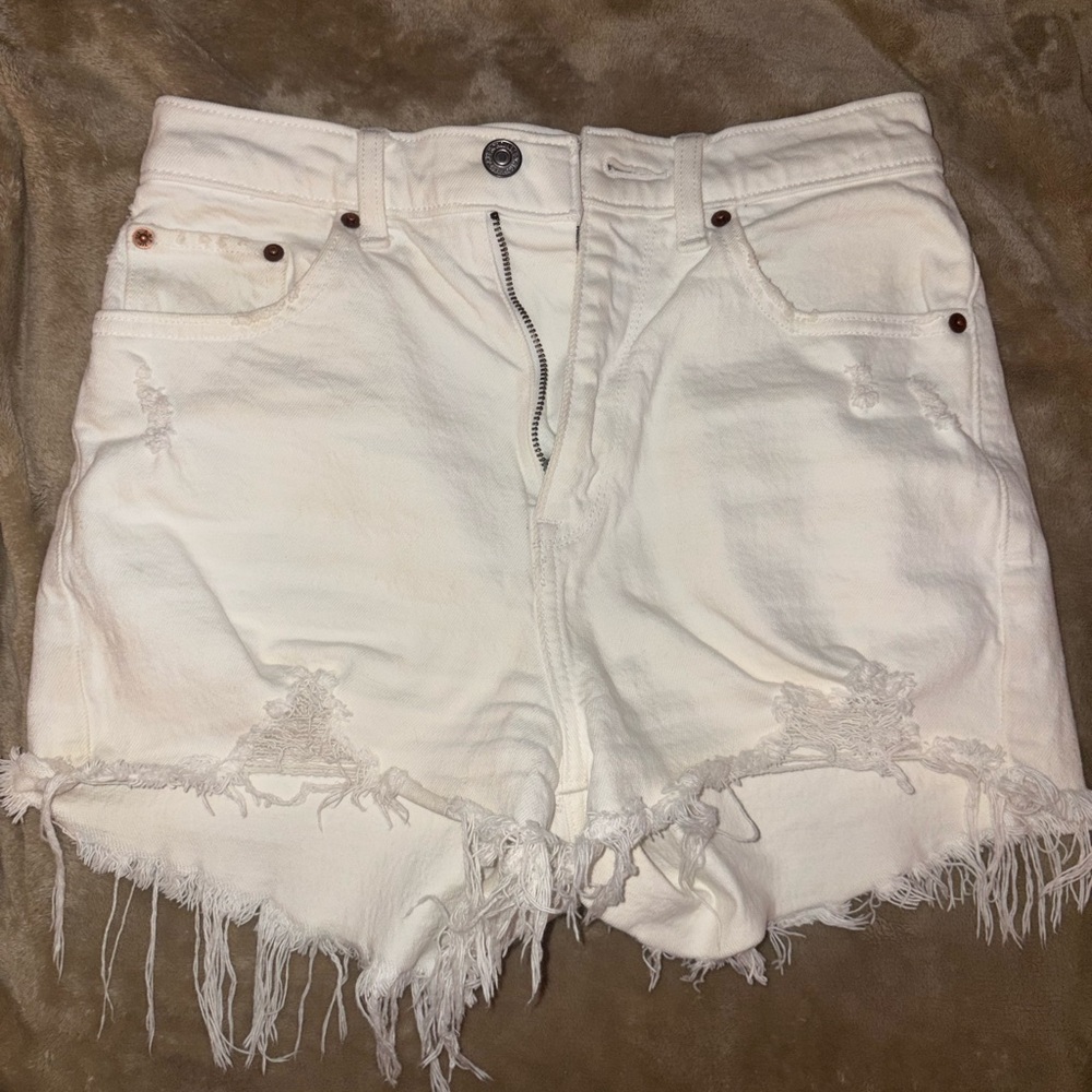 Abercrombie & Fitch White Distressed High-Waist Jean Shorts